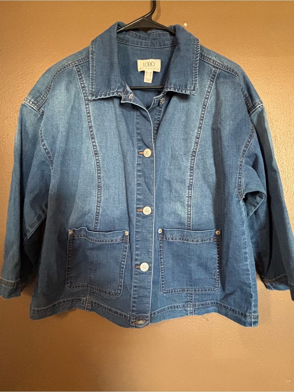 LOGO Denim Button-Front Jacket in Medium Blue size 10 3/4 sleeves EUC